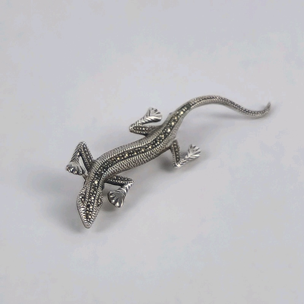 Lizard Brooch‎ 925 Sterling Silver Marcasite Small Dainty Gecko